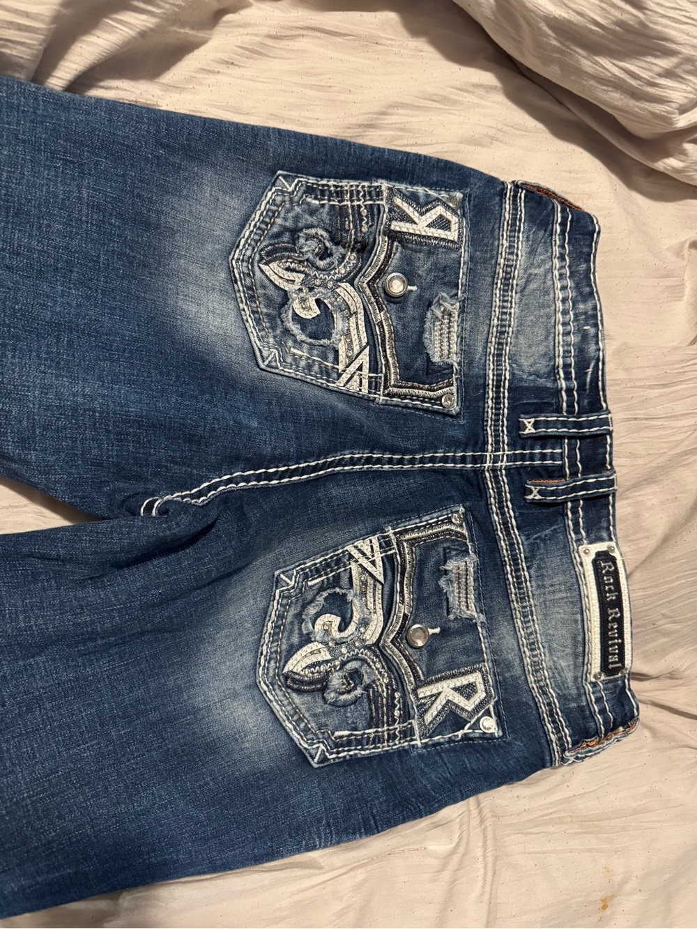 Rock Revival Blue Distressed Embroidered Pocket Jeans